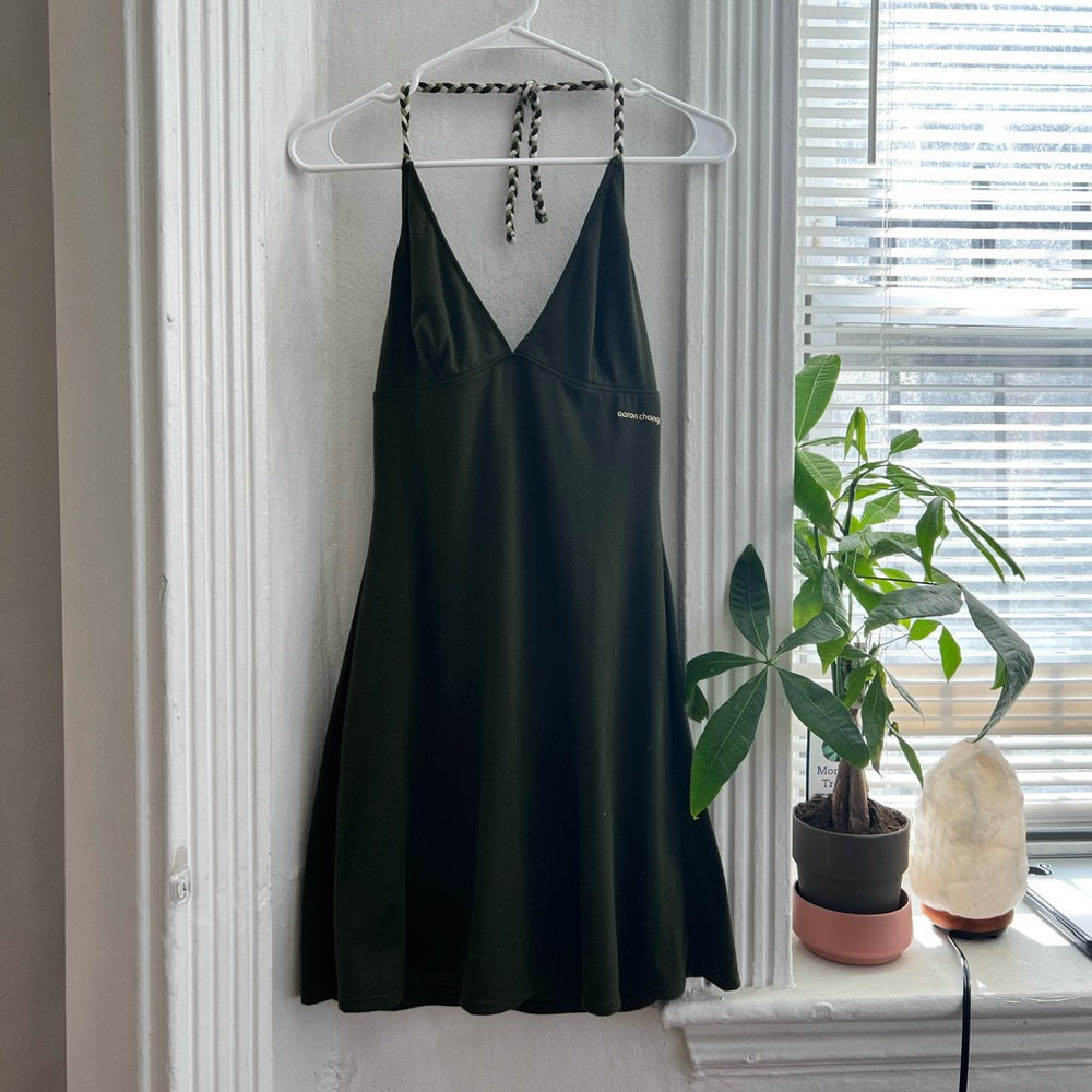 Green open back halter dress